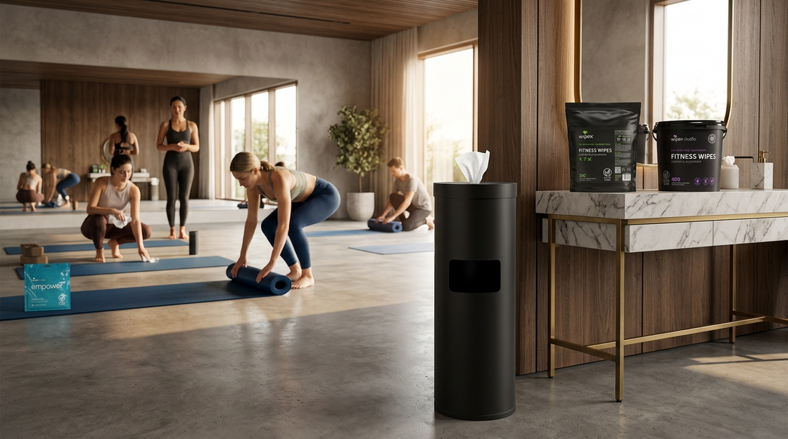 Clean, spacious yoga studio with rolled mats and organized props