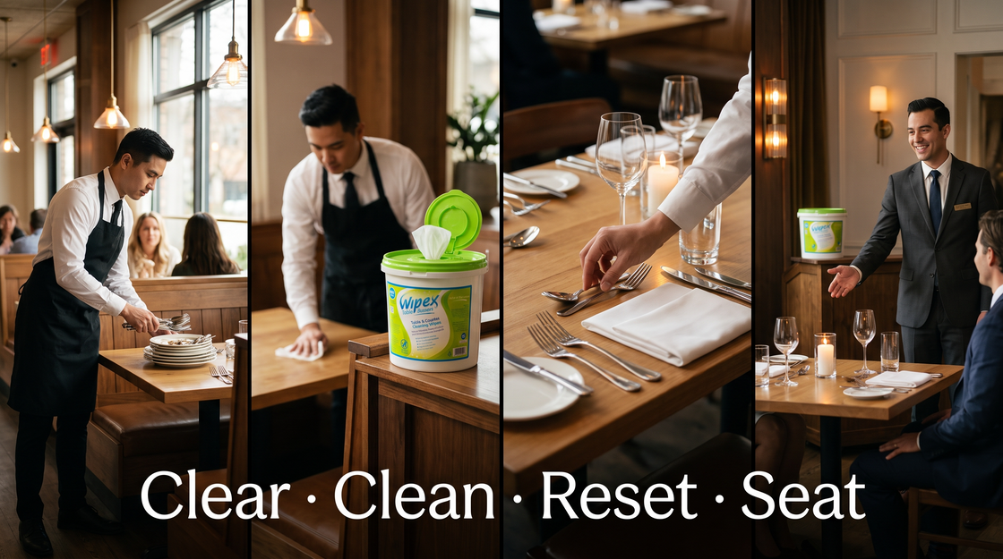 Four-panel sequence of a table reset: clearing plates, wiping the top, setting the table, seating guests