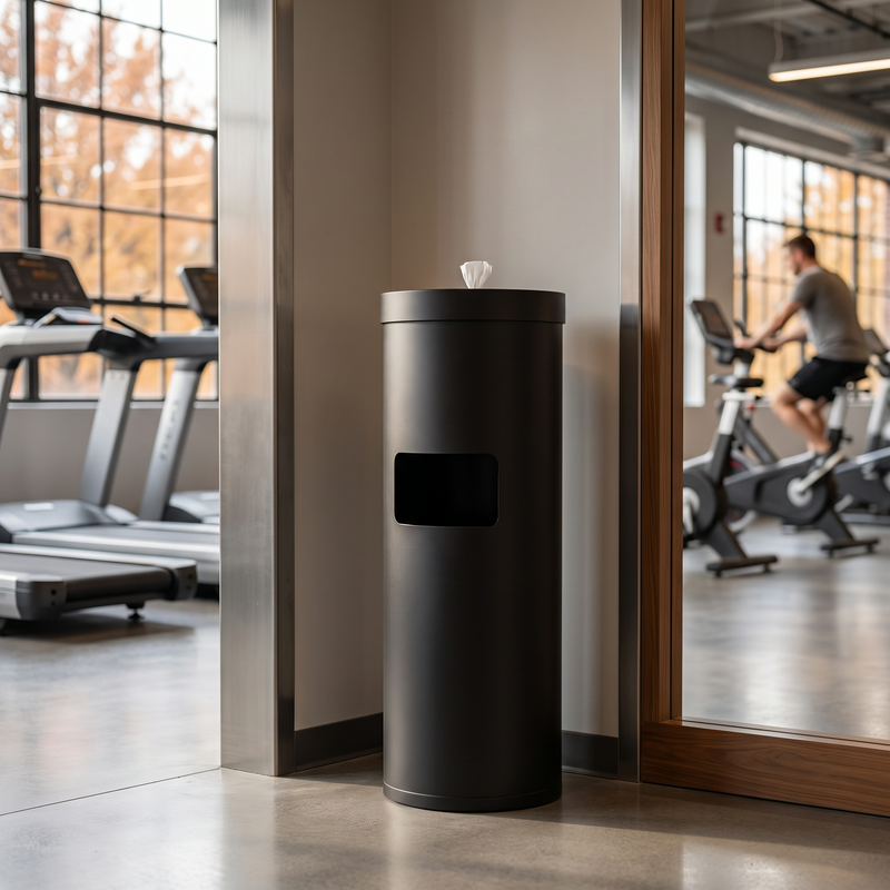 Free-standing floor dispenser positioned at a gym equipment zone for accessible wipe access