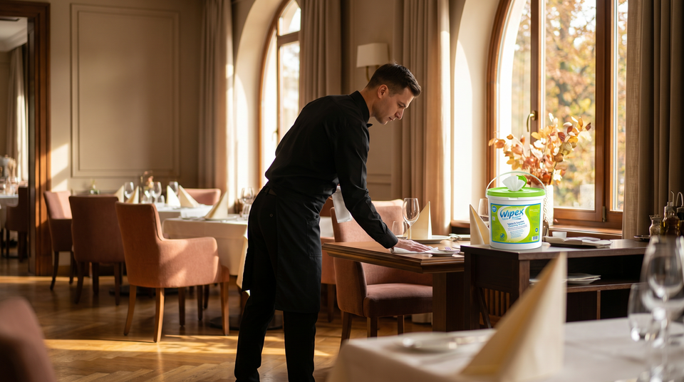 Restaurant table busser cleaning a dining table during busy fall service
