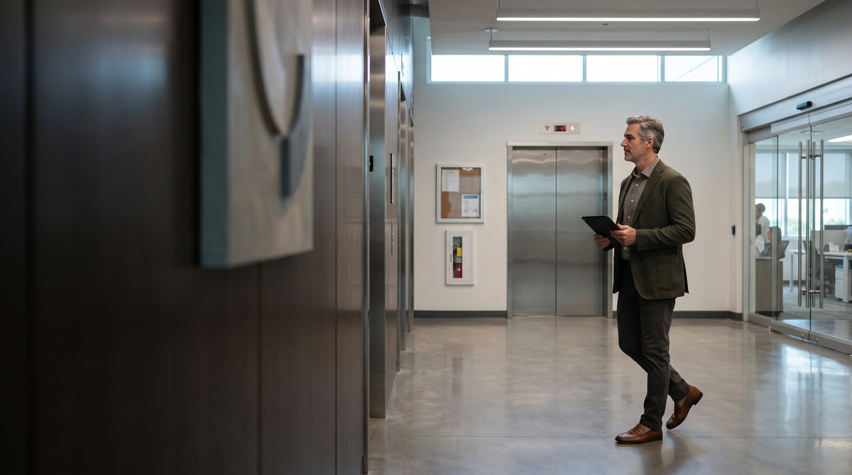 Facility manager reviewing high-touch surface disinfecting program with EPA-registered wipes in commercial office environment