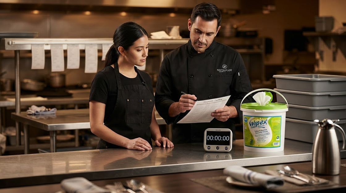 Restaurant manager and busser reviewing a printed front-of-house reset checklist at the pass before service