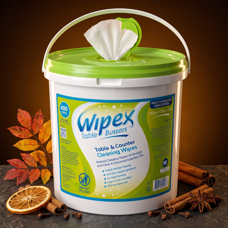 White Wipex Table Bussers Autumn Spice bucket with green lid and a wipe pulled up, cinnamon sticks nearby