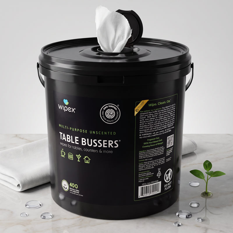Black Wipex Table Bussers Unscented 400-wipe bucket with a wipe pulled up, on a marble counter