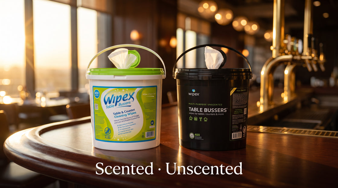 Busser wiping a four-top table in a busy dining room between covers, pre-mixed wipe bucket at the service station