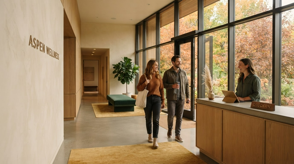 Commercial facility prepared for fall with organized cleaning stations and supplies