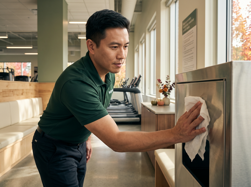 Staff member cleaning a shared high-touch surface in a commercial facility