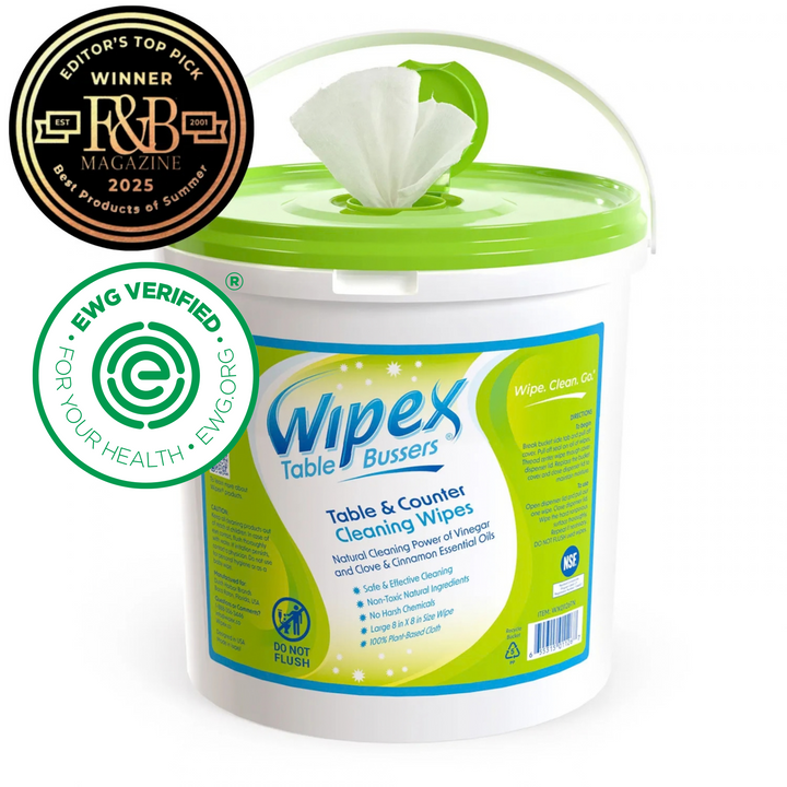 Wipex® Table Bussers® Autumn-Scented Cleaning Wipes 400ct bucket with EWG Verified® mark and F&B Magazine 2025 Editor's Top Pick badge
