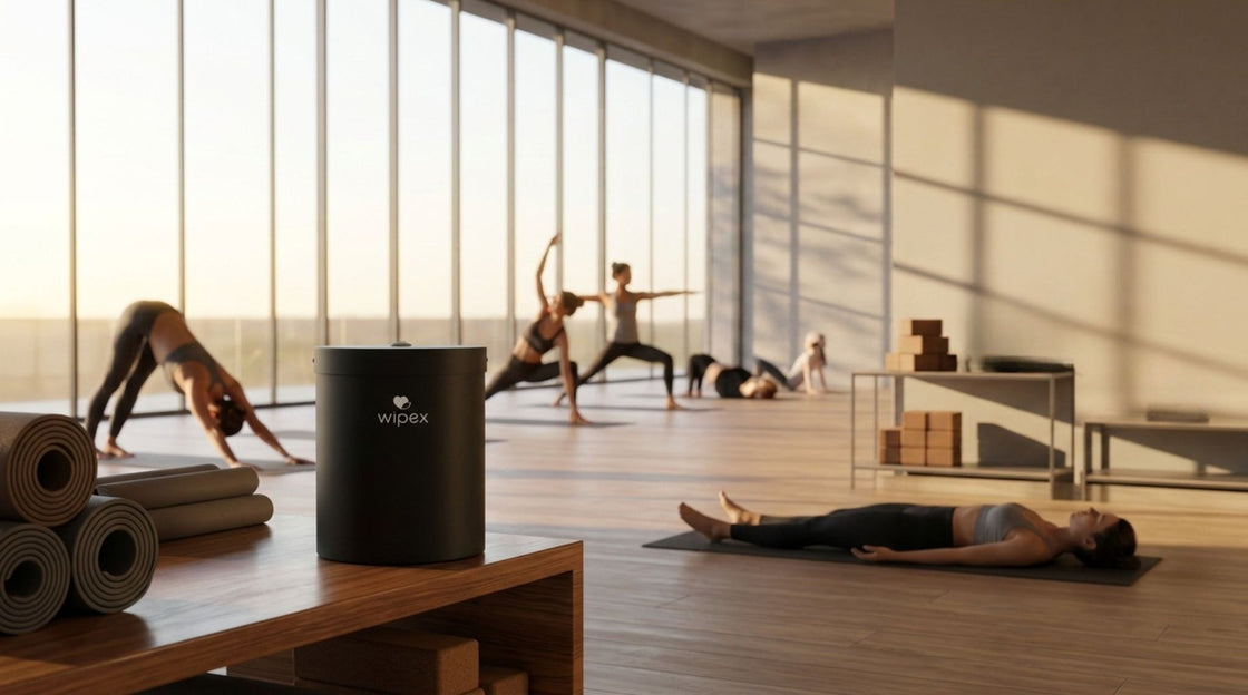 Wide shot of a busy yoga studio with organized mats and props during a full class schedule