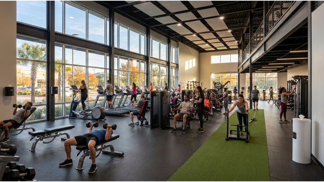 Wide view of a busy commercial gym floor with cleaning stations across zones