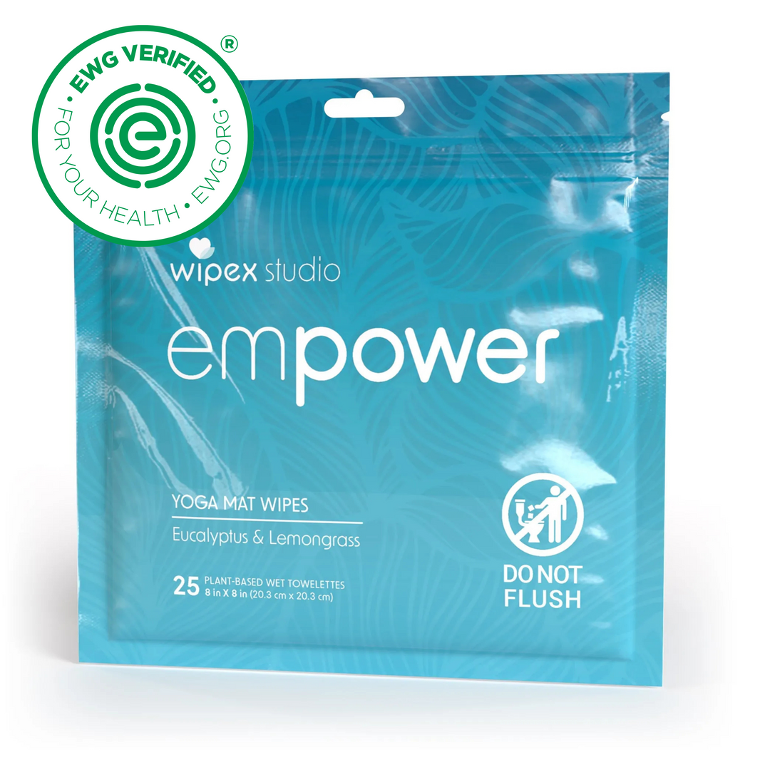 Empower® Yoga Mat Wipes 25ct resealable pouch by Wipex Studio, eucalyptus and lemongrass, blue packaging