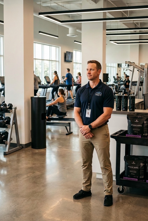 Operations manager reviewing cleaning stations across a gym floor