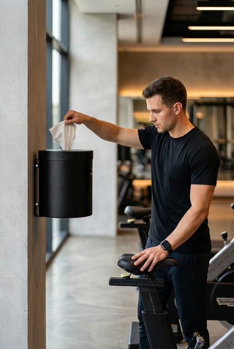 Gym member wiping down a cardio machine at a stocked cleaning station