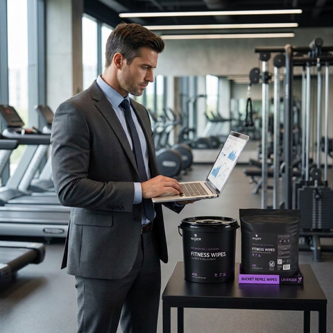 Procurement manager reviewing bulk cleaning wipe stock in a fitness facility storeroom