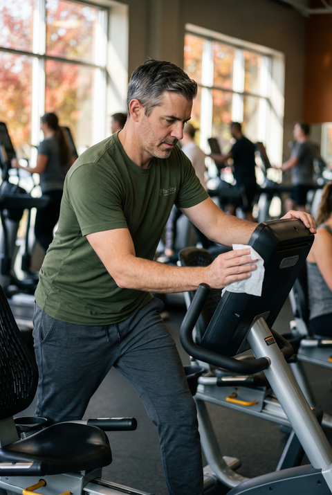 Staff member wiping down a cardio machine console in a fitness facility