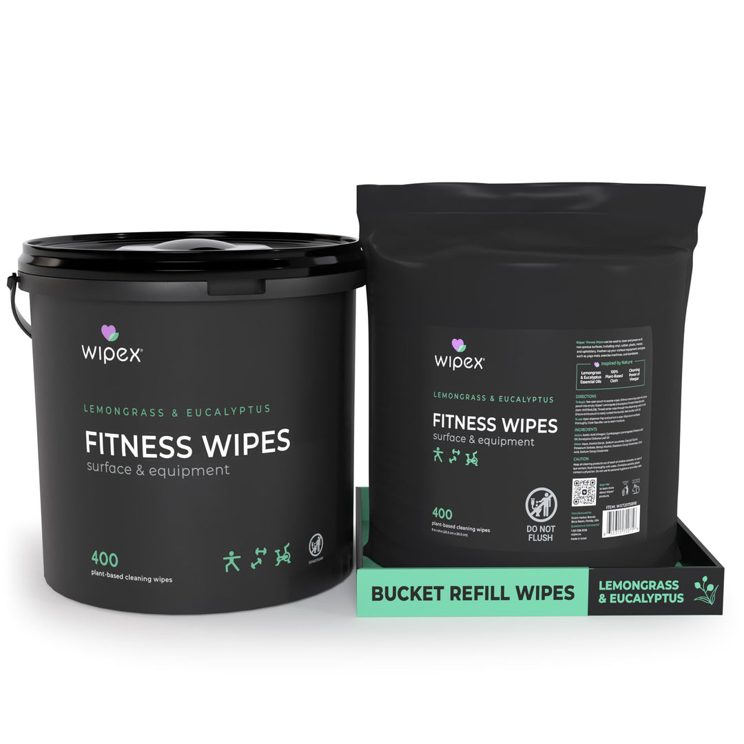 Wipex Natural Gym Wipes Starter Bundle | Dispenser Bucket with Refill | Plant-Based Wipes for Fitness Equipment