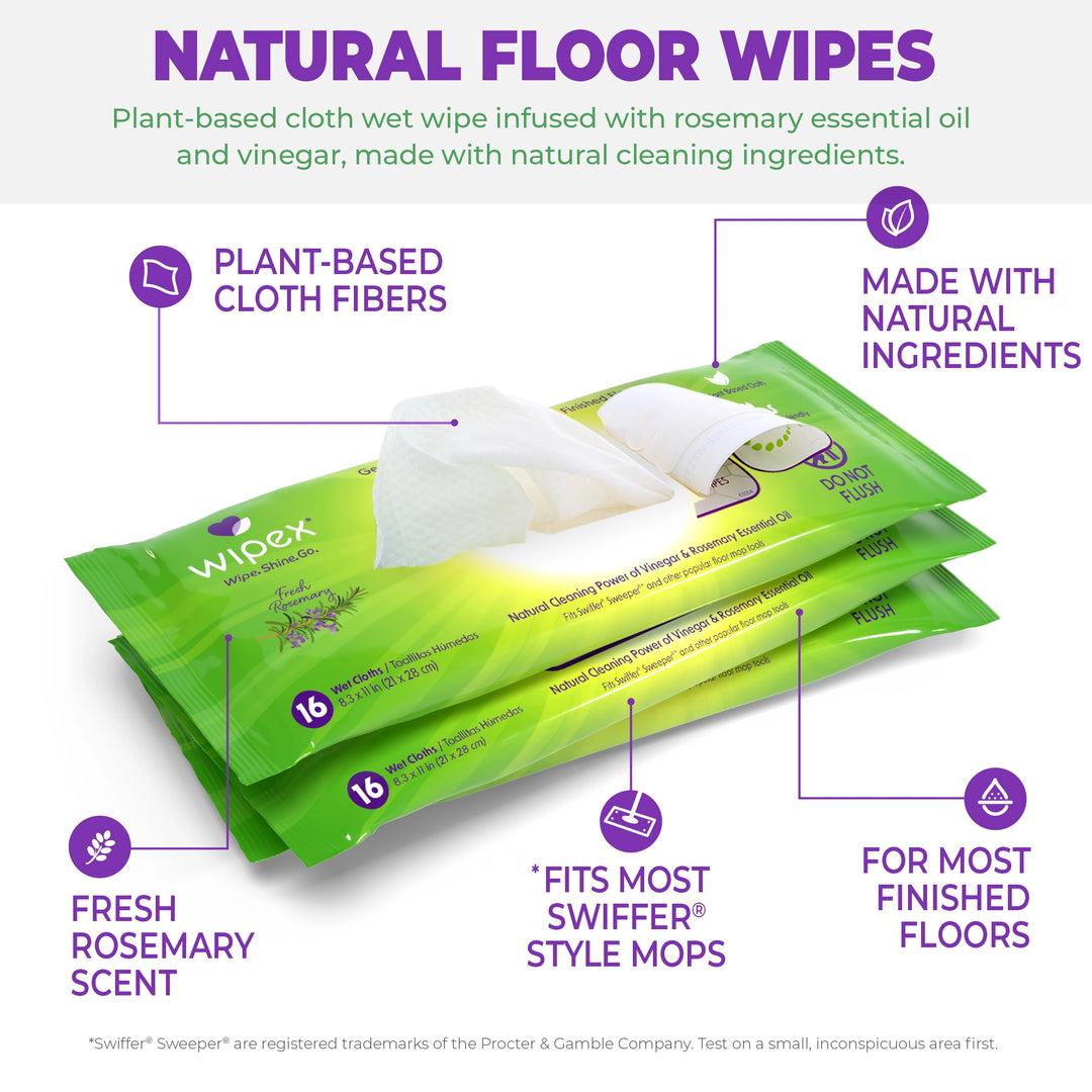 Wipex® Natural Floor Cleaning Pads infographic – plant-based cloth, made with natural ingredients, fresh rosemary scent, fits most Swiffer®-style mops