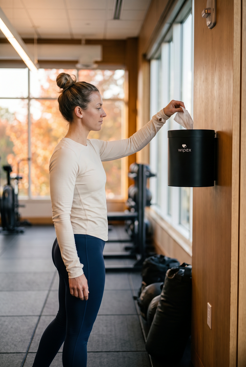 Member reaching for a wipe at an accessible dispenser station beside gym equipment