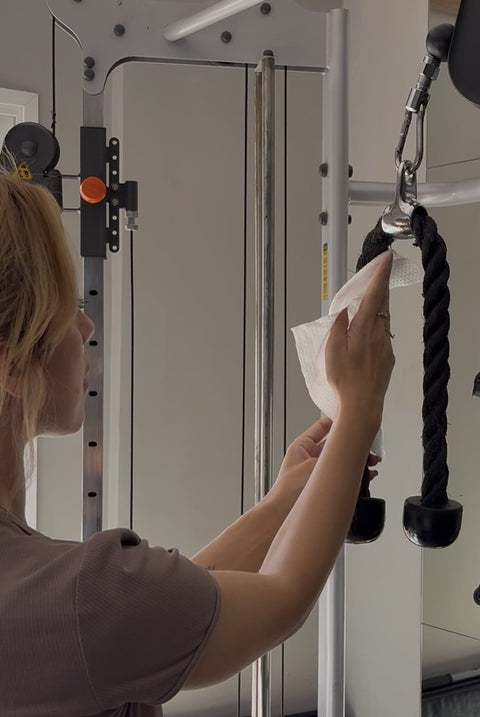 Facility staff member cleaning fitness equipment with a bulk wipe at a stocked station