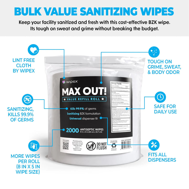 MAX OUT!® Economy 2000ct BZK Sanitizing Wipes Value Refill Roll – Lint-Free, Alcohol-Free -  by Wipex Co. - Available at wipex-natural-wipes.myshopify.com