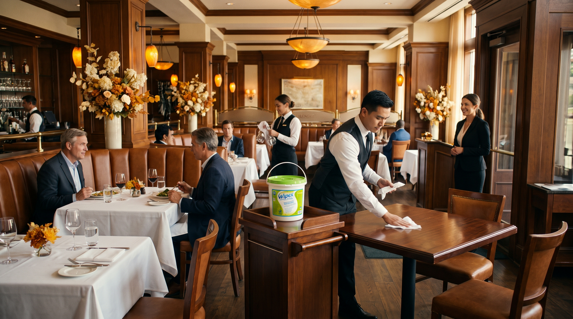 Multi-table restaurant with accessible cleaning supplies at each service station during fall service