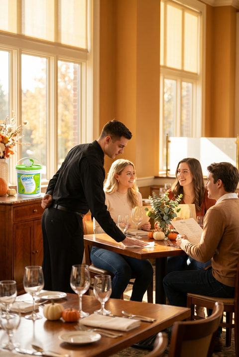 Table busser wiping down a restaurant table between guests