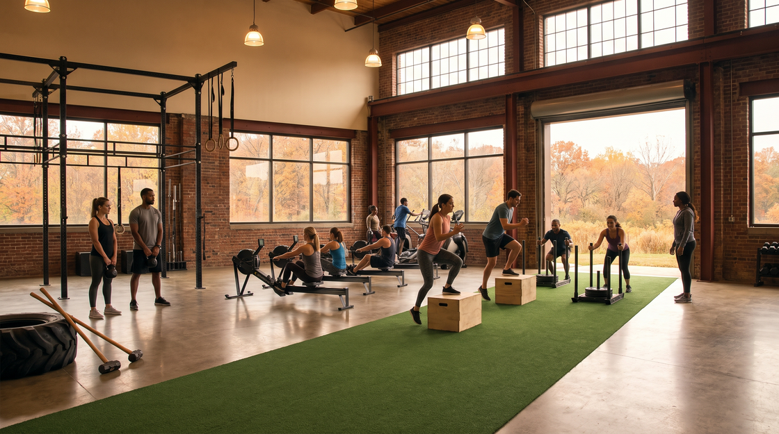 Wide view of a busy gym floor with cardio, free weights, and functional training zones