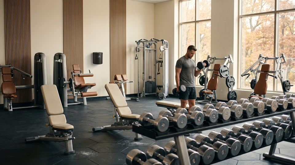 Member wiping down gym equipment at an accessible wipe station in a busy fitness facility