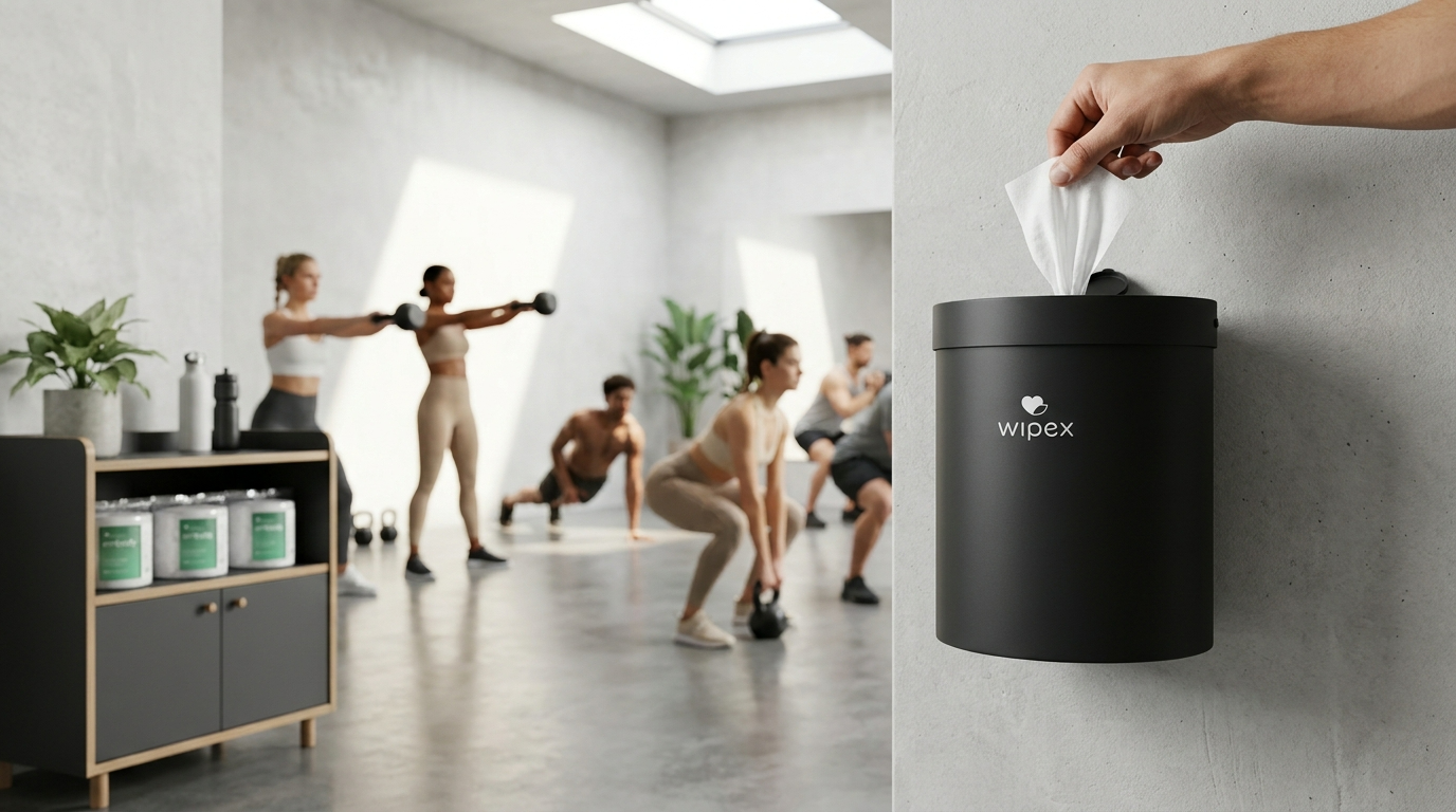 Wall-mounted and floor wipe dispensers set up across a fitness facility