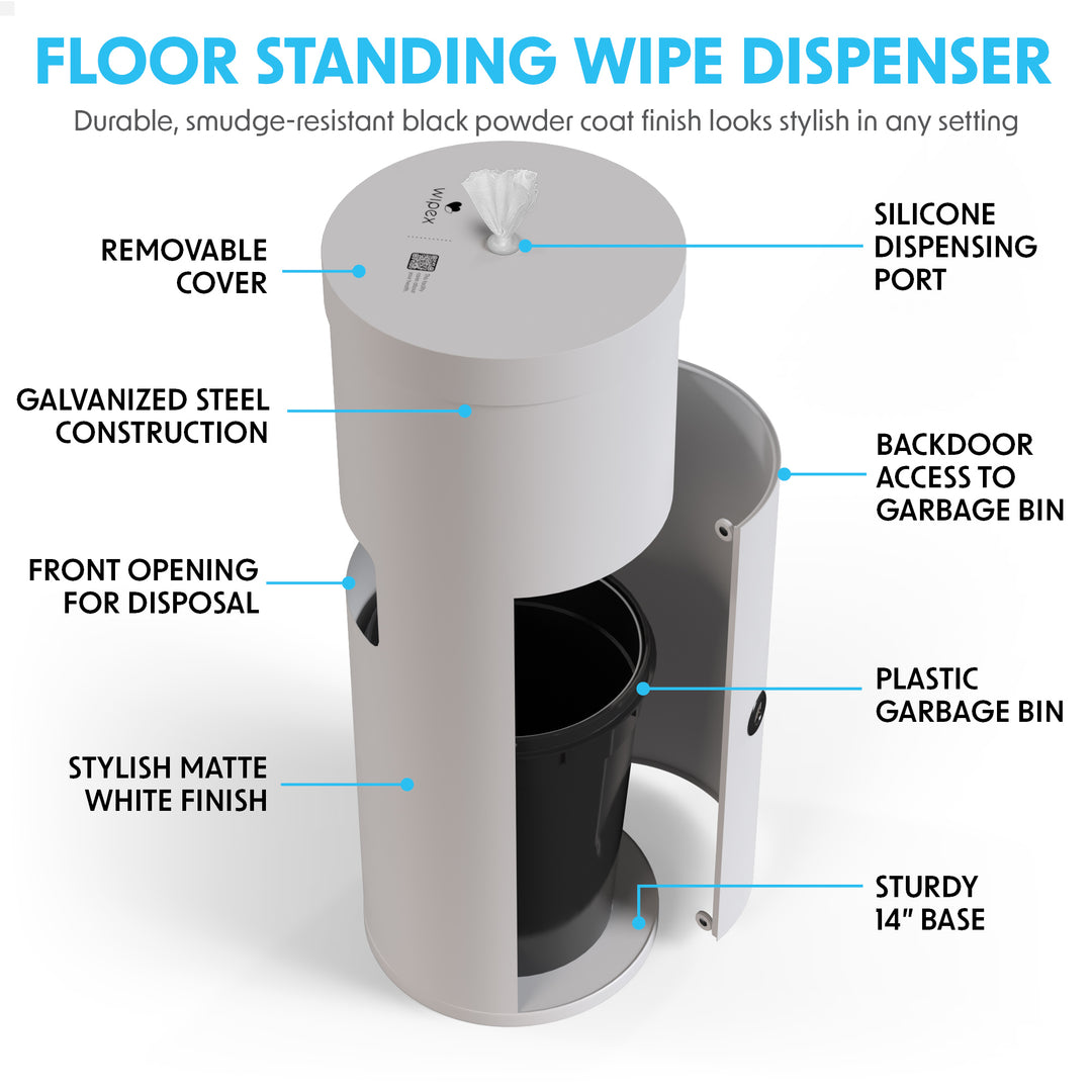 Wipex Premium Studio White Floor Dispenser for Bulk Gym Wipes | Stainless Steel | Free Standing Model