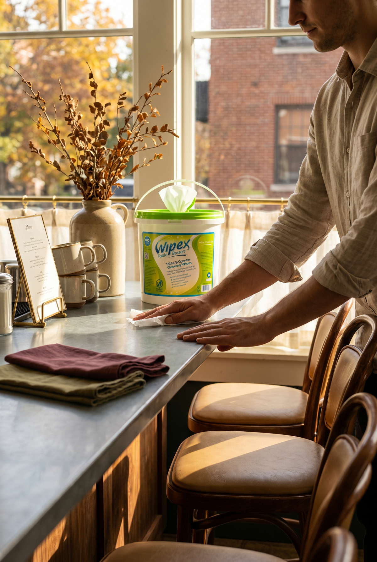 A person wipes down a kitchen bar counter with a Wipex cleaner bucket and cloth in a warm, sunlit restaurant setting.