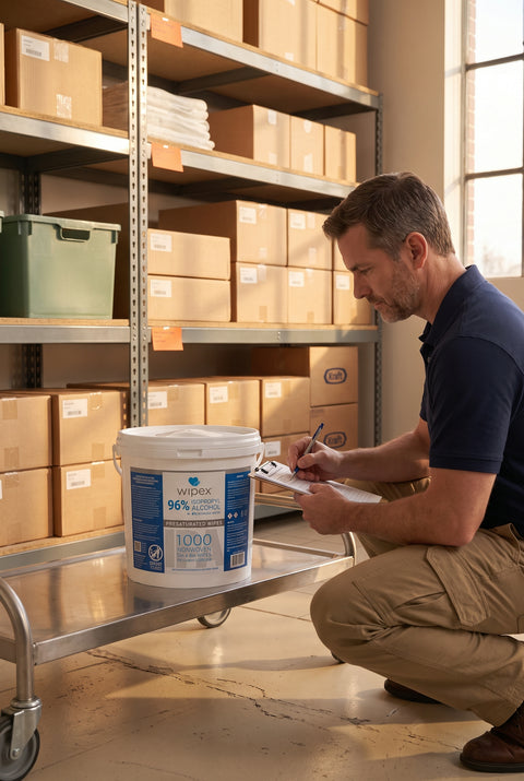 Procurement or facilities staff reviewing bulk supply stock at a storage shelf