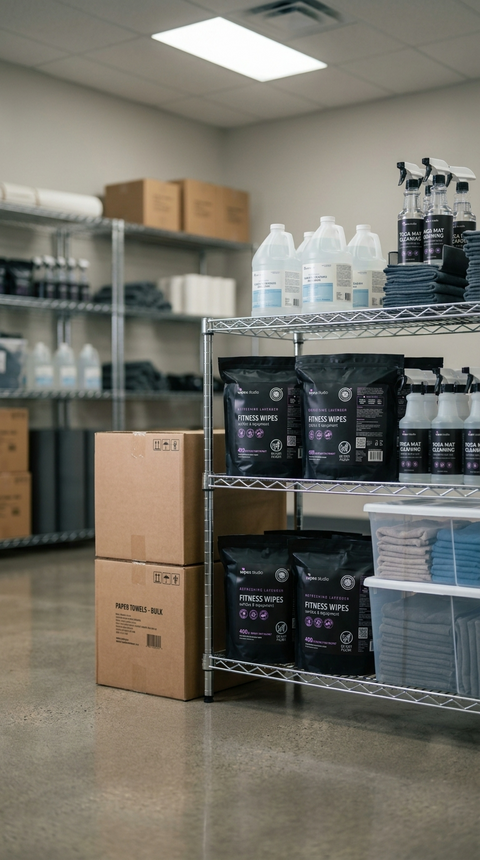Organized professional supply storage with bulk cleaning wipe inventory in a facility stockroom