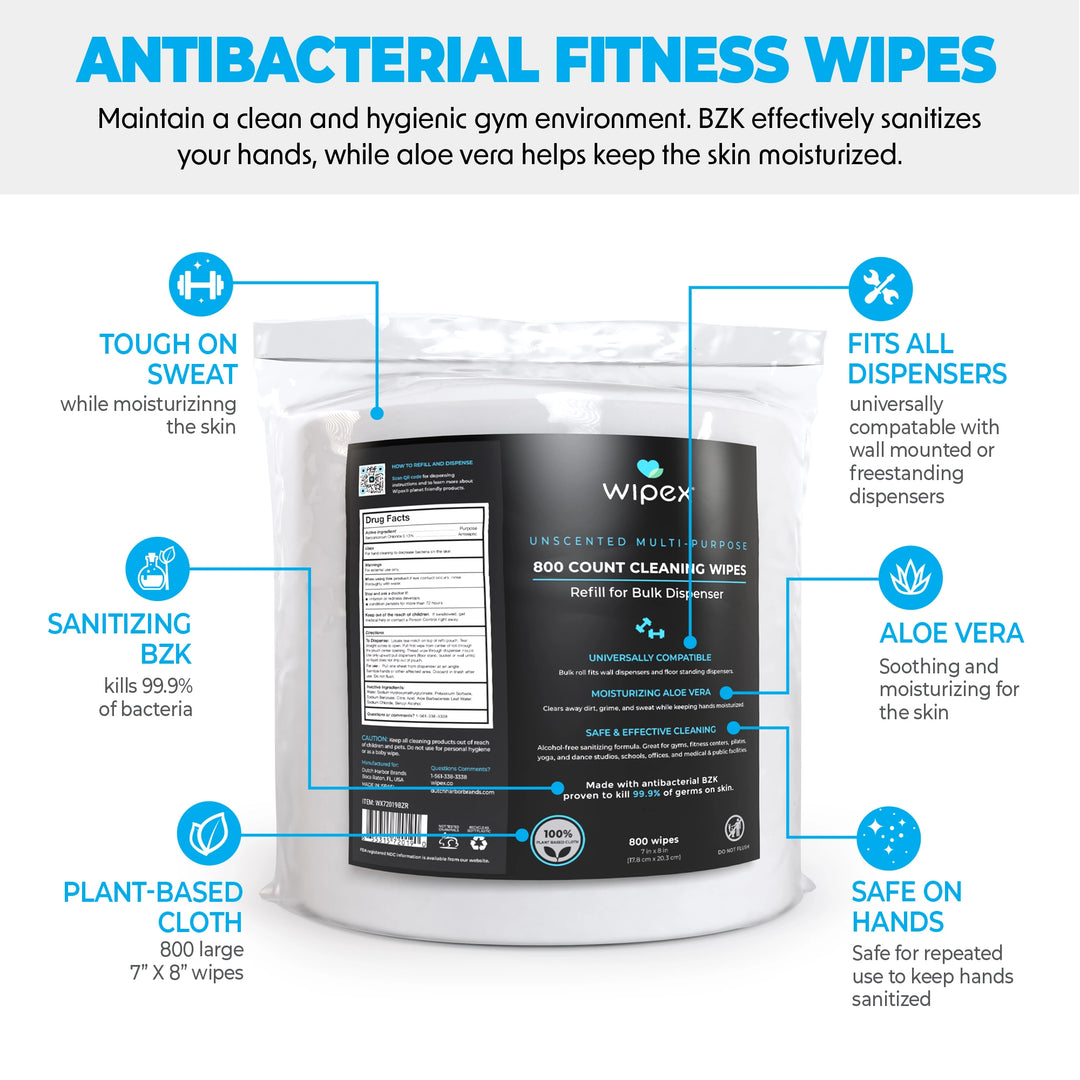 Wipex® Hand Sanitizing Wipes 800ct refill roll infographic: kills 99.9% of germs on skin, aloe vera, plant-based cloth, 800 large 7 x 8 in wipes