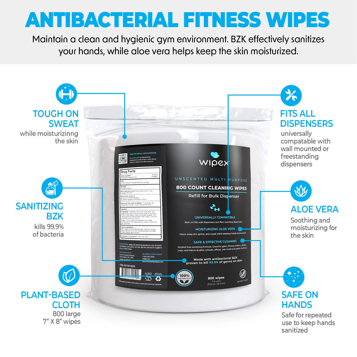 Wipex® Hand Sanitizing Wipes 800ct refill roll infographic: kills 99.9% of germs on skin, aloe vera, plant-based cloth, 800 large 7 x 8 in wipes