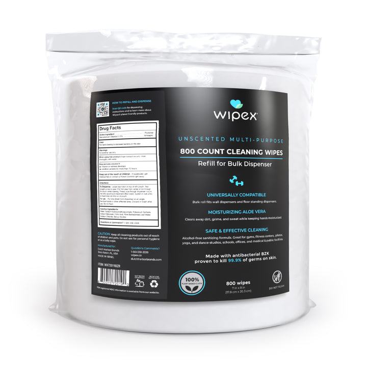 A large white plastic tub of Wipex Unscented Multi-Purpose 800 Count Cleaning Wipes refill, showing the back label with product details, barcode, and usage information against a plain white background.