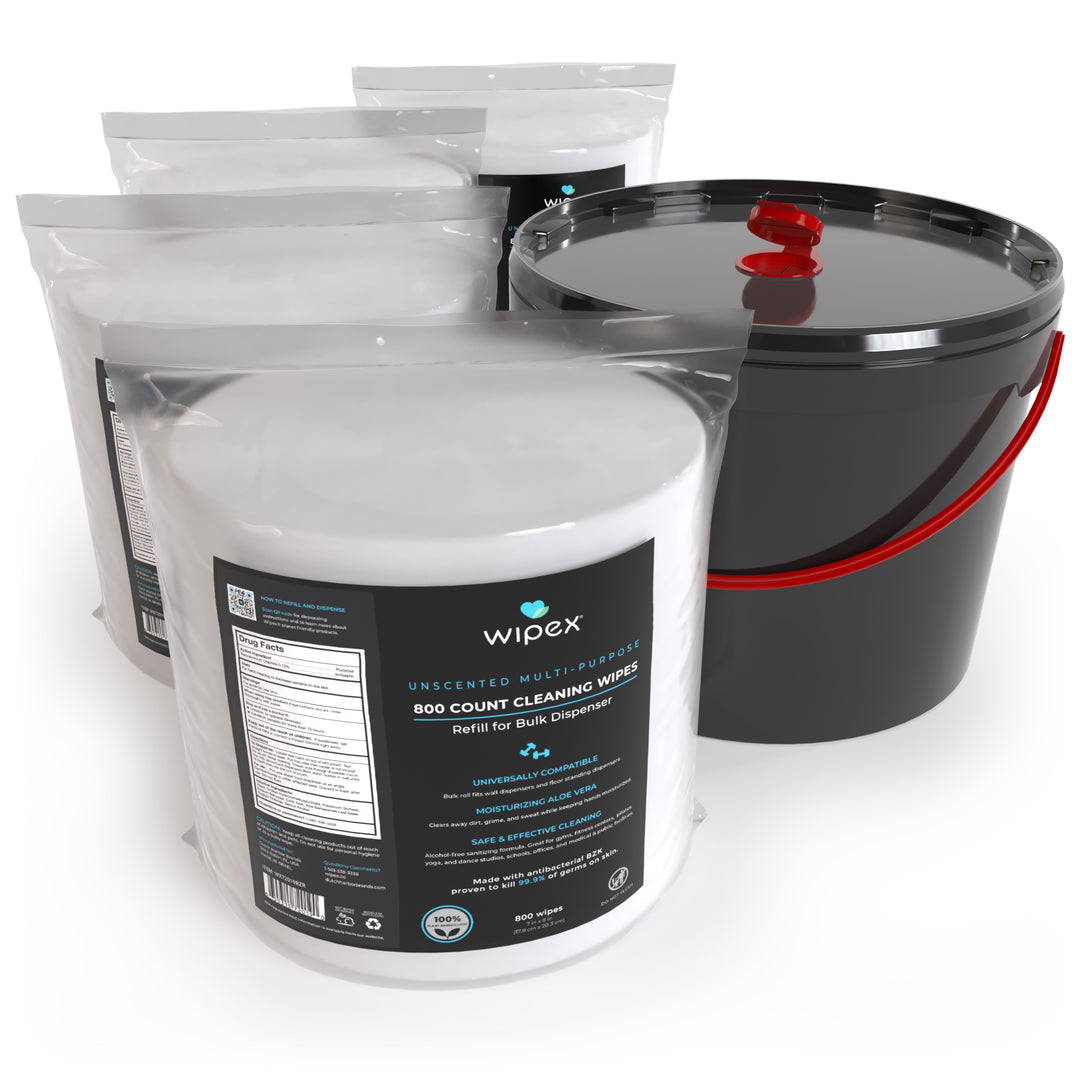 A container of Wipex bulk refill roll with 800 antibacterial cleaning wipes designed for gym equipment, featuring a label with product information.
