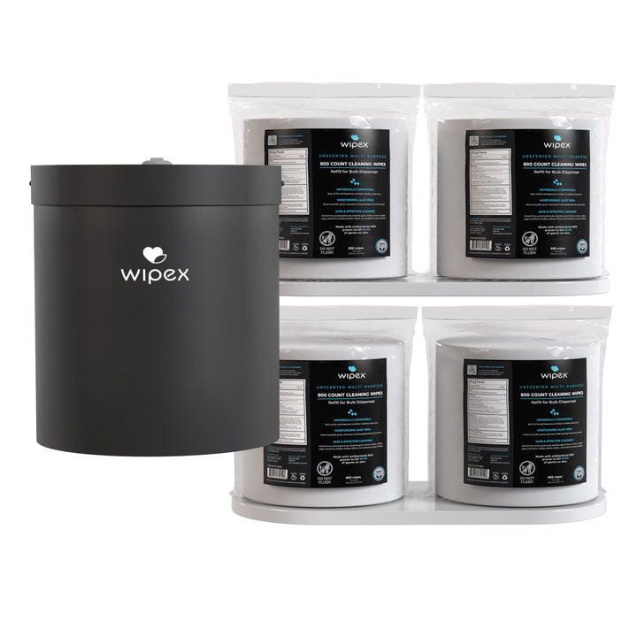 Wipex cleaning wipes packaging including a black container and multiple white packages on a white background