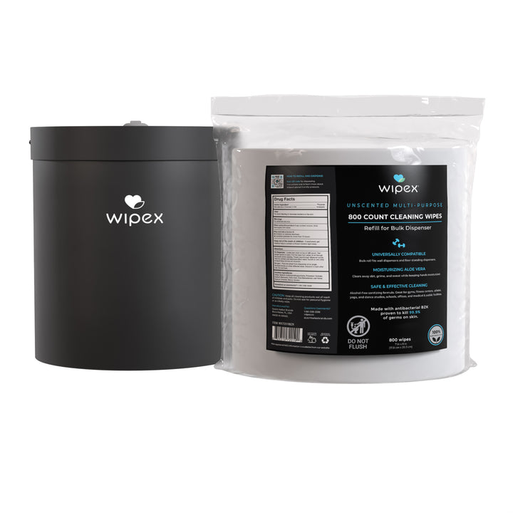 Wipex cleaning wipes packaging with black container and white bag on a white background
