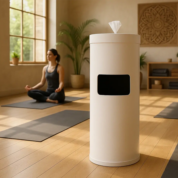 Wipex white matte steel floor wipe dispenser in a yoga studio