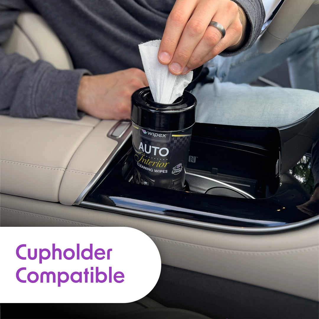 Wipex® Auto Interior Cleaning Wipes cone canister in a car cupholder