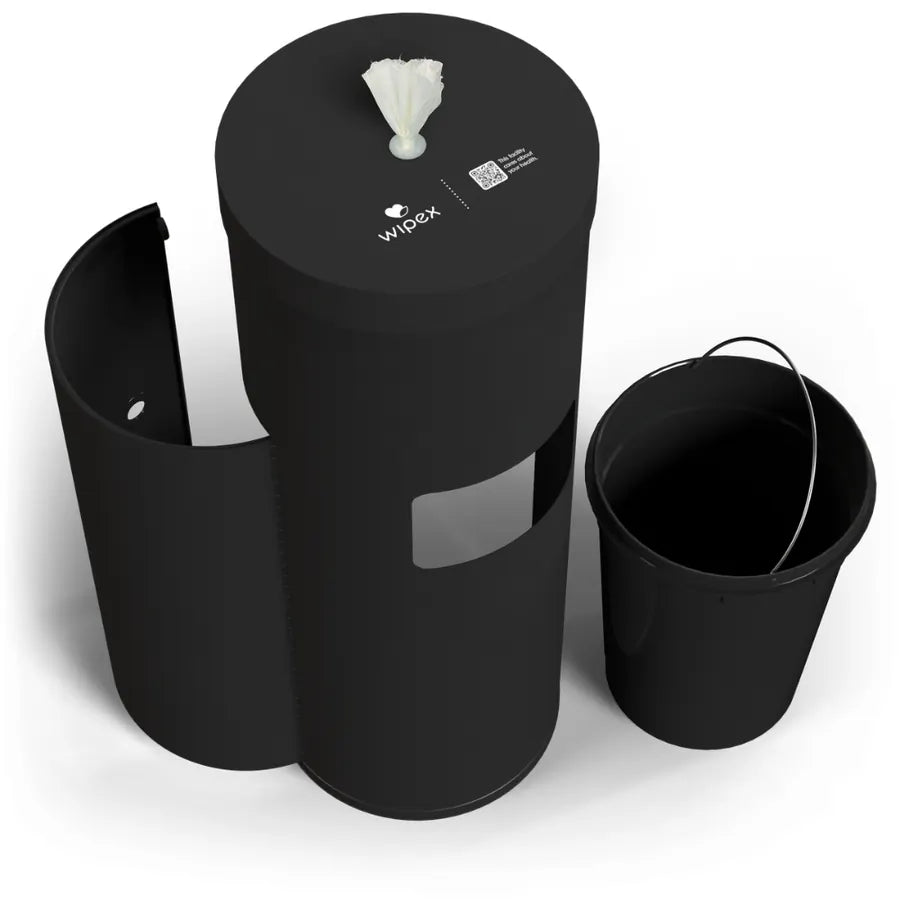 Wipex floor-standing gym wipe dispenser, Matte Black, open