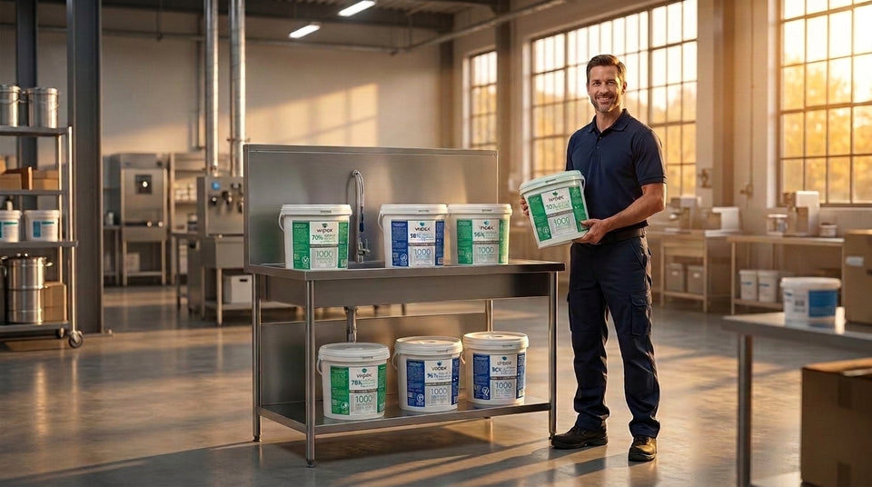 Facility team member preparing an industrial cleaning station stocked with bulk alcohol wipes