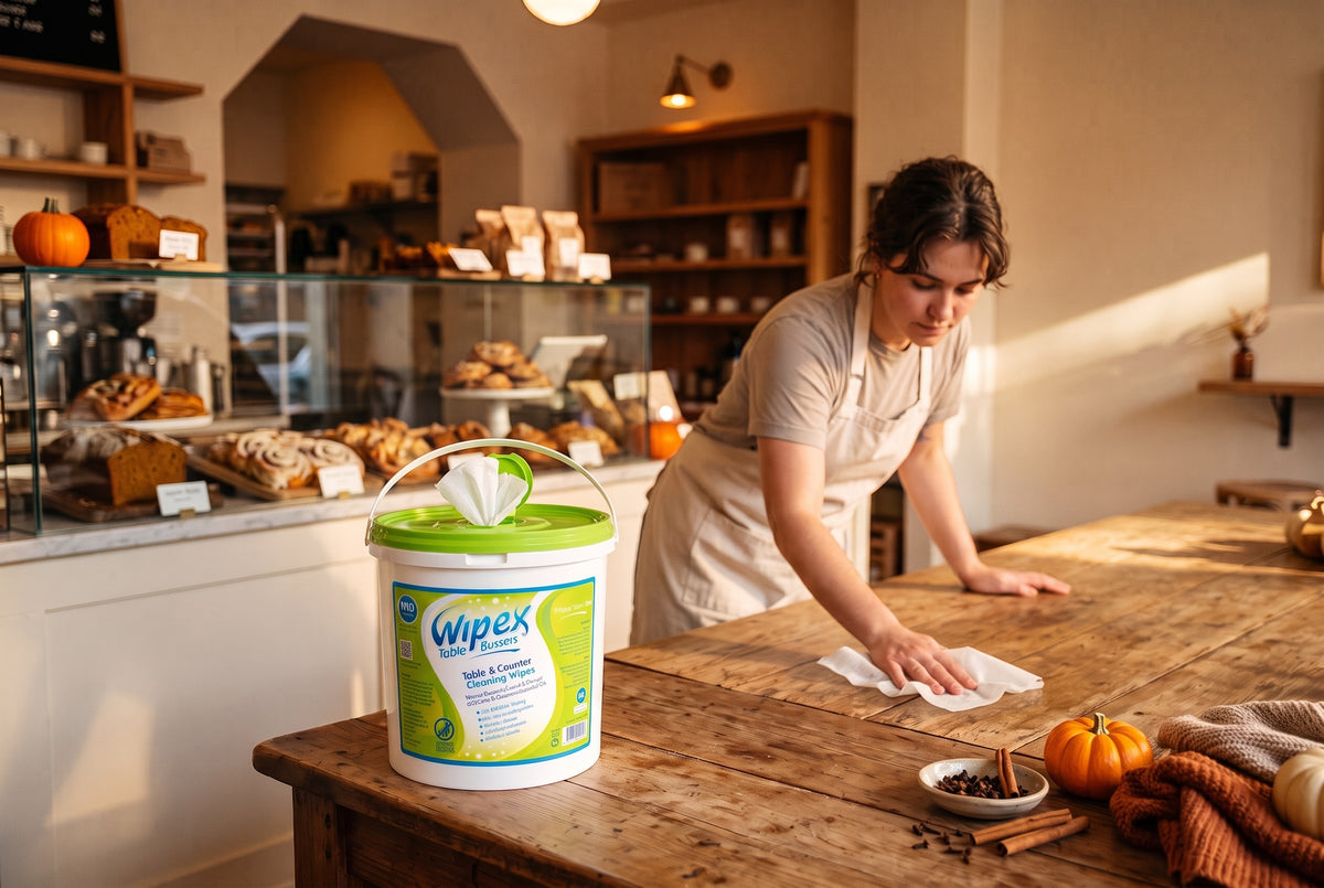 Server wiping a bakery counter with a Wipex Table Bussers bucket among pastries and pumpkins