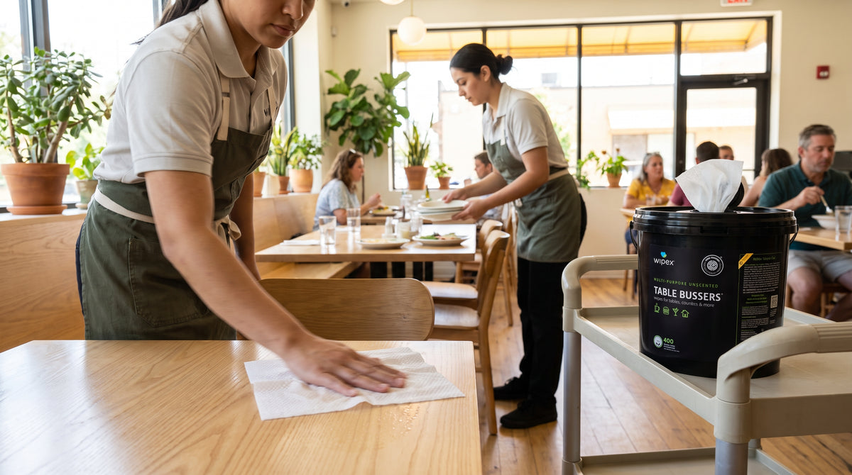 Two staff wiping restaurant tables, a Wipex Table Bussers bucket on the cart beside them