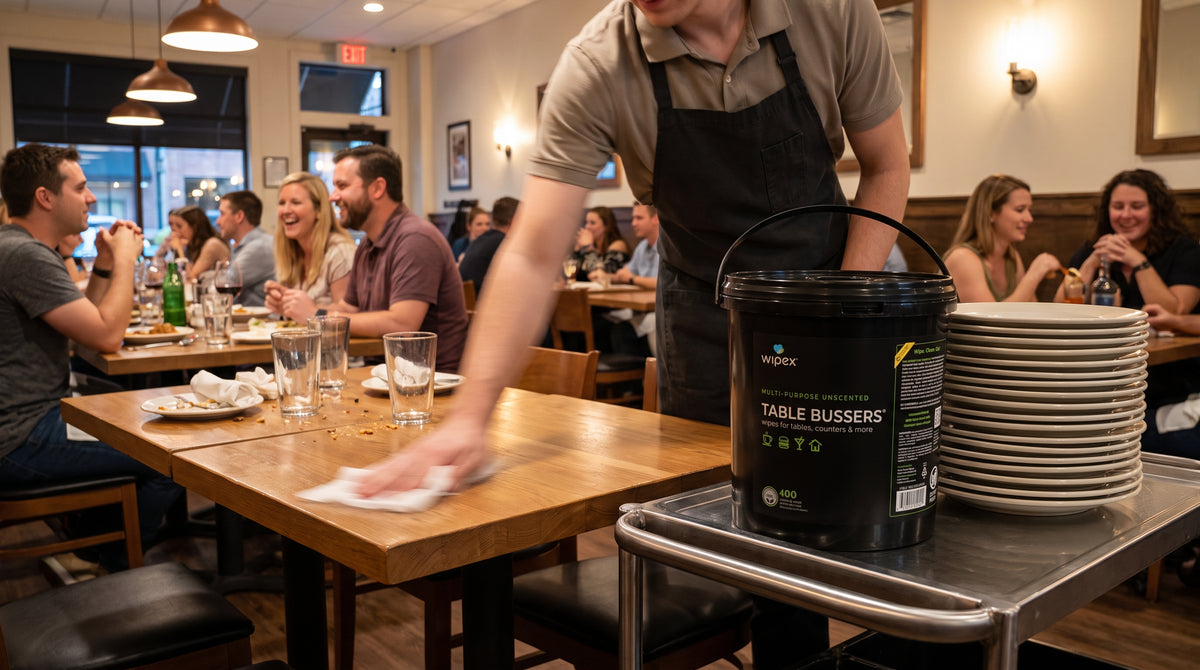 Server wiping a dining table, a Wipex Table Bussers bucket on a cart with stacked plates