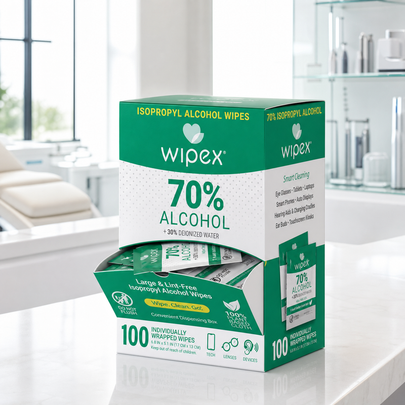 70% IPA Alcohol Wipes – Single Sachet | 100ct Dispenser Box