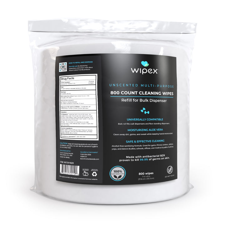 Wipex Antibacterial Bulk Gym Wipes Refill Roll 800ct | Skin-Safe 98.9% Natural Formula | Biodegradable Cloth